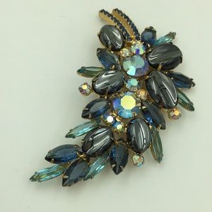 D & E designer Aurora Borealis Rhinestone Crystal Marquisette brooch